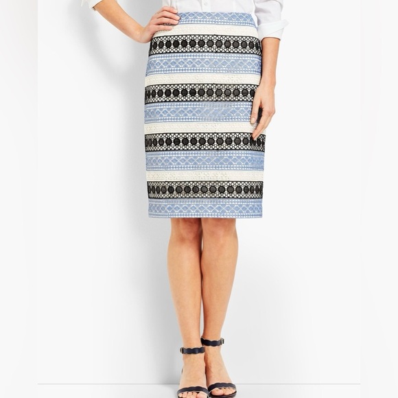 Talbots Lace Stripe Pencil Skirt Blue Black White Size 10P Knee length Classy - Picture 1 of 11